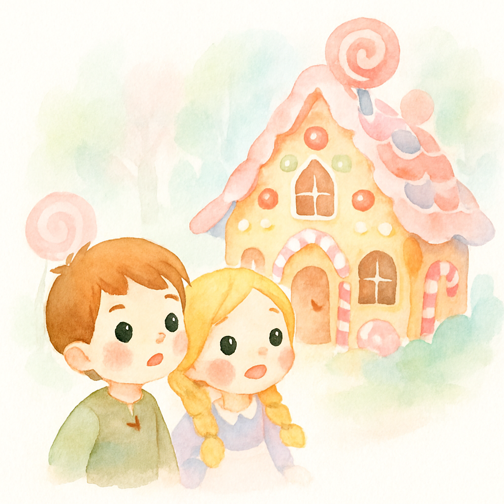 과자로 만들어진 신기한 집을 발견한 헨젤과 그레텔